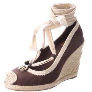 Tory Burch Brown and Cream Espadrille Wedges